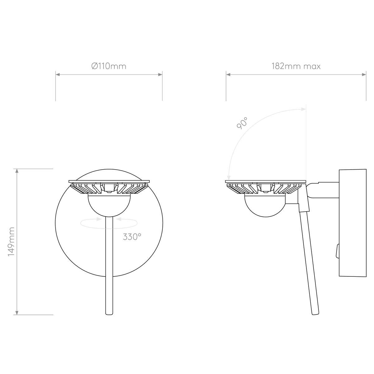 Technical drawing of a wall light with dimensions 149mm height, 110mm diameter, 182mm max extension
