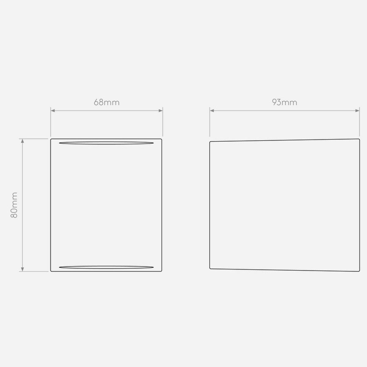 Diagram of a cylindrical object with a diameter of 68mm and height of 80mm, next to a rectangular object 93mm wide