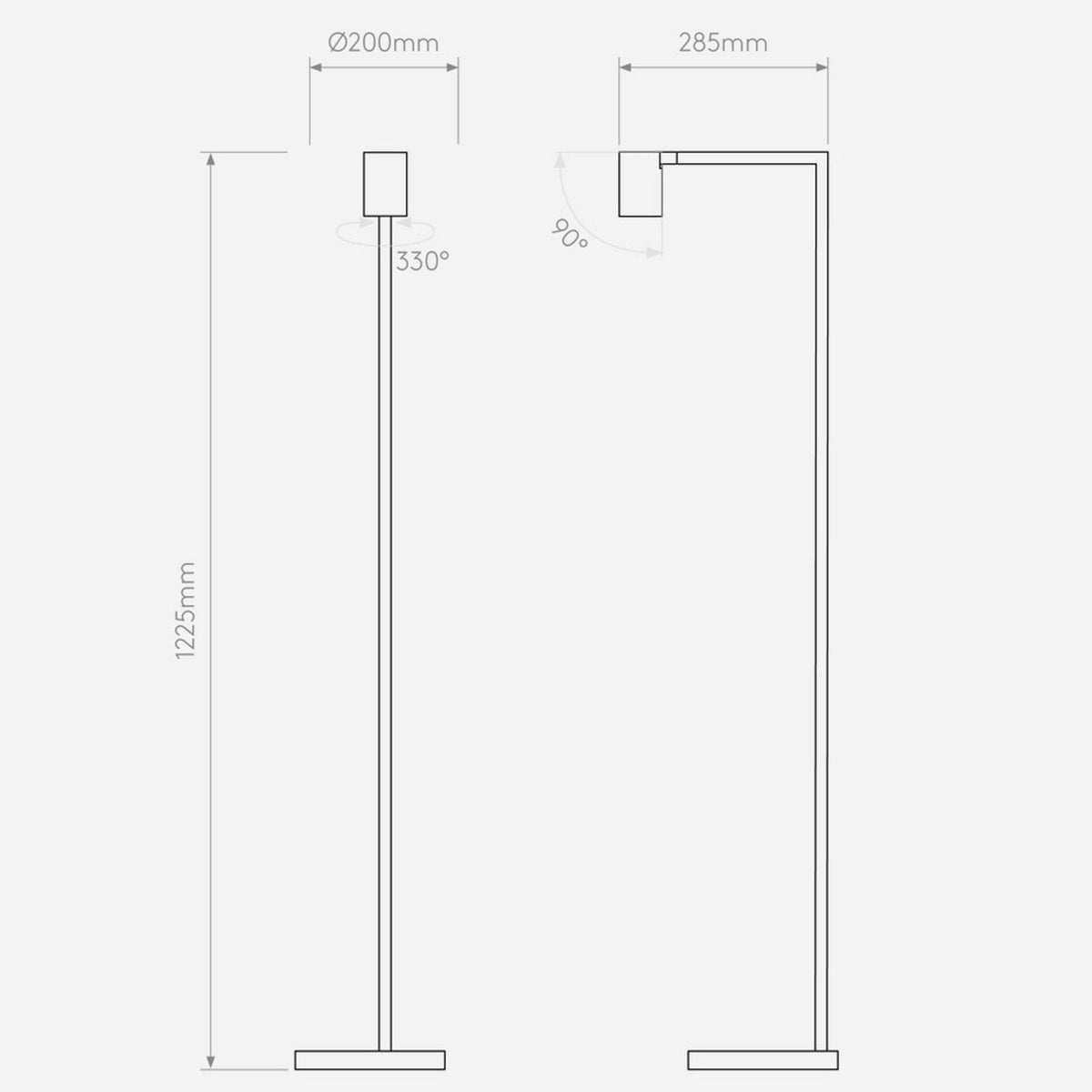 Technical drawing showing the dimensions of a minimalist floor lamp from two angles.