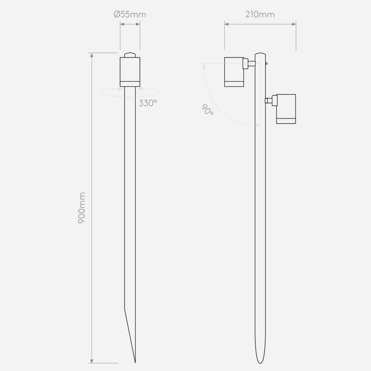 Technical drawing of a spike light with dimensions, showing a 900mm height and 55mm diameter