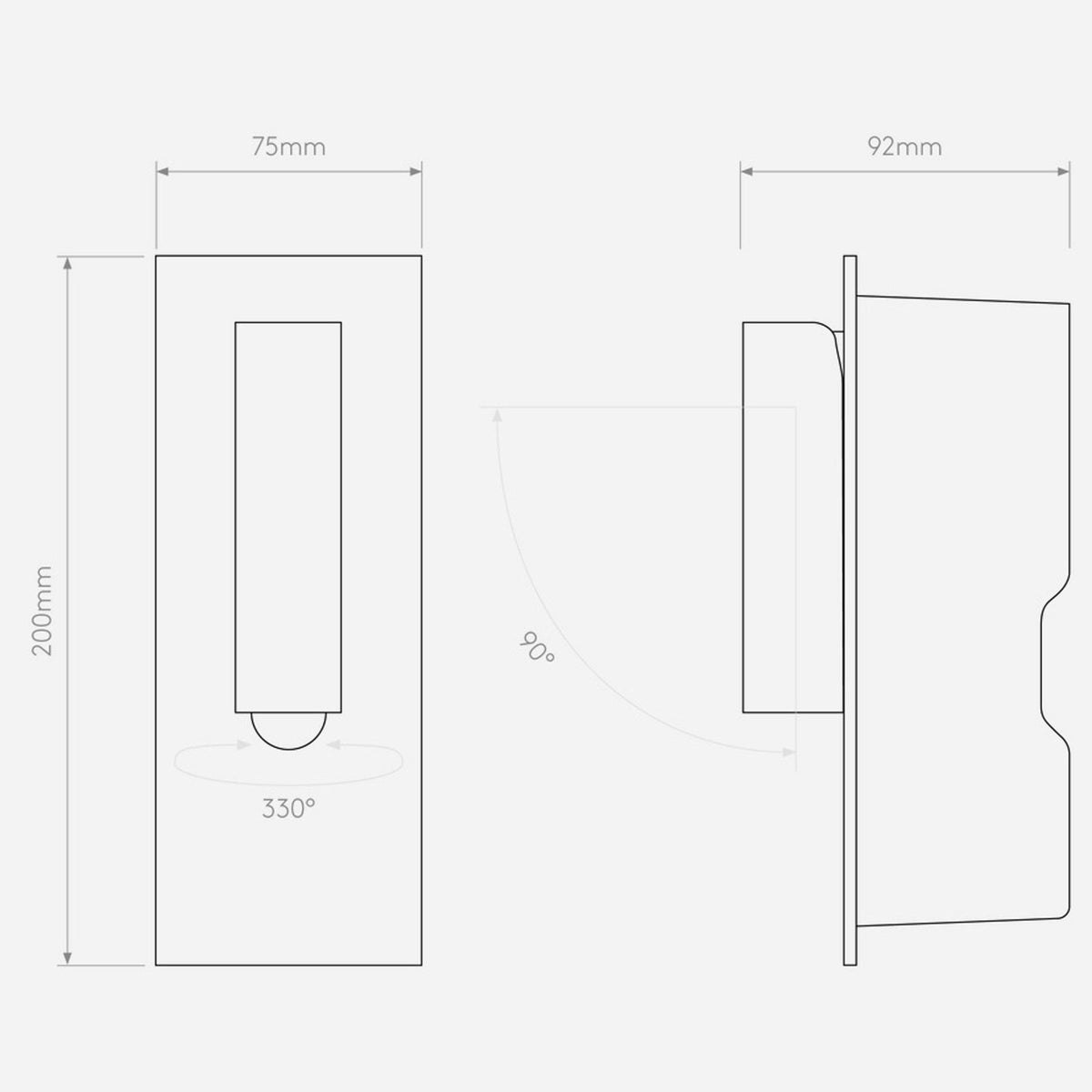 Technical drawing of a rectangular wall light with dimensions 200mm by 75mm by 92mm
