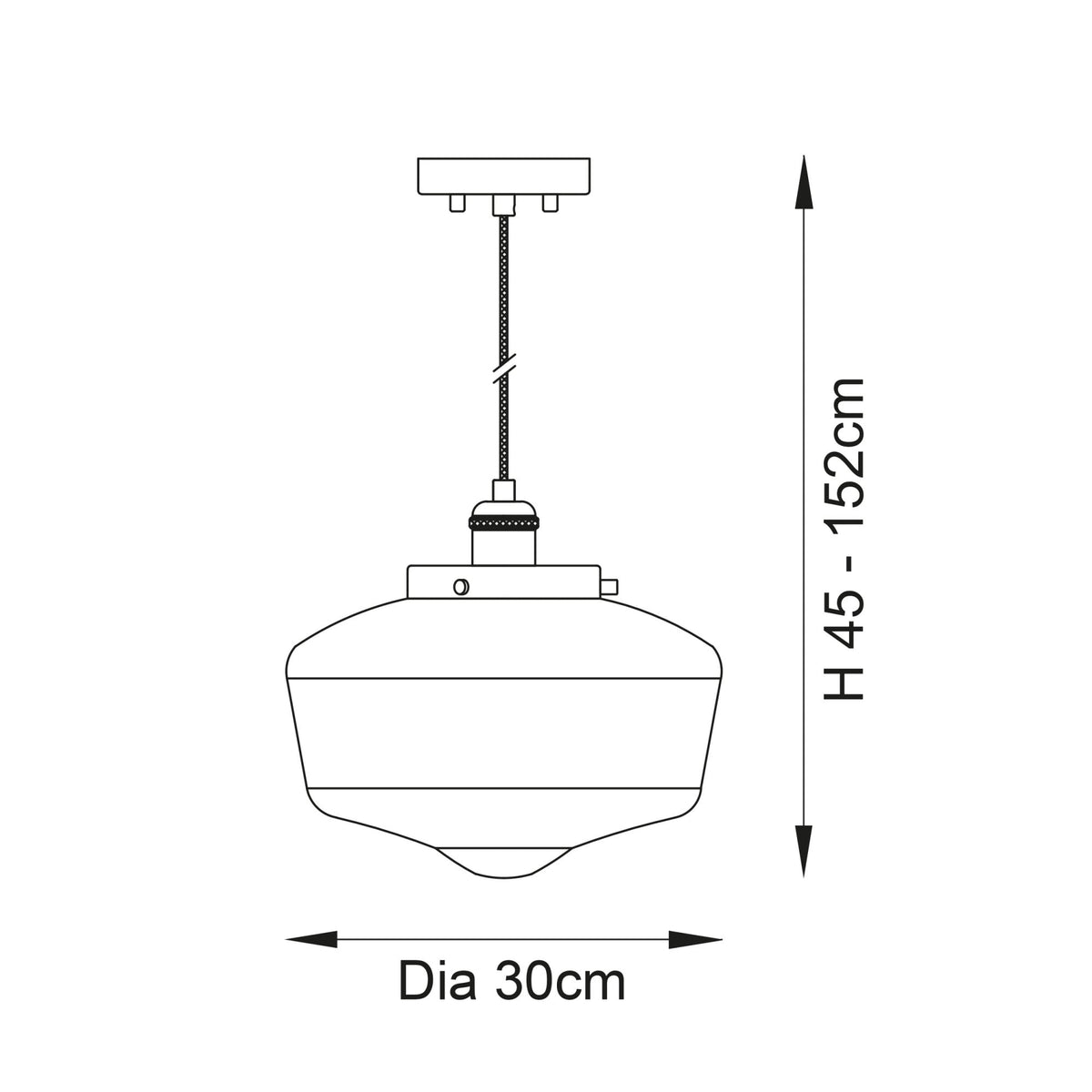 Line drawing of a pendant light with dimensions: height 45-152cm, diameter 30cm.