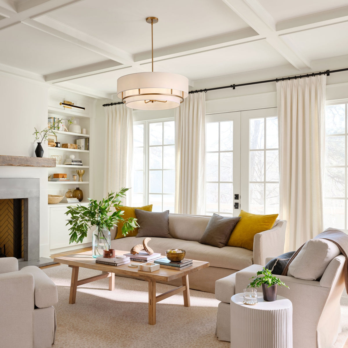 Graham Large Duo Mount Semi Flush or Pendant in Polished Nickel with Off White Shades