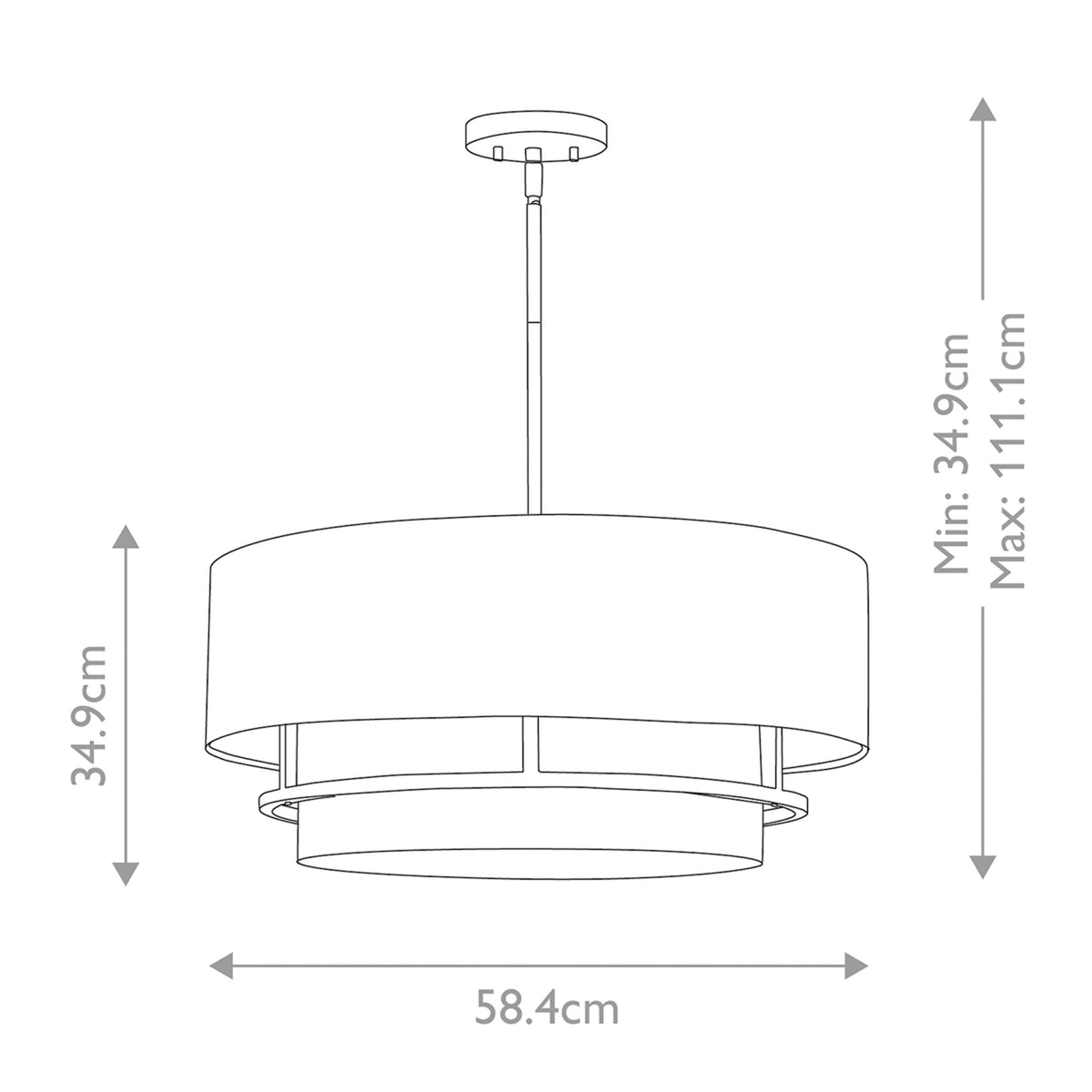 A line drawing of the pendant light with dimensions in centimetres for height and width.