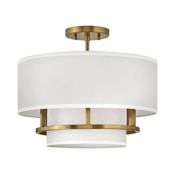 Graham Medium Duo Mount Semi Flush or Pendant in Lacquered Brass with Off White Shades