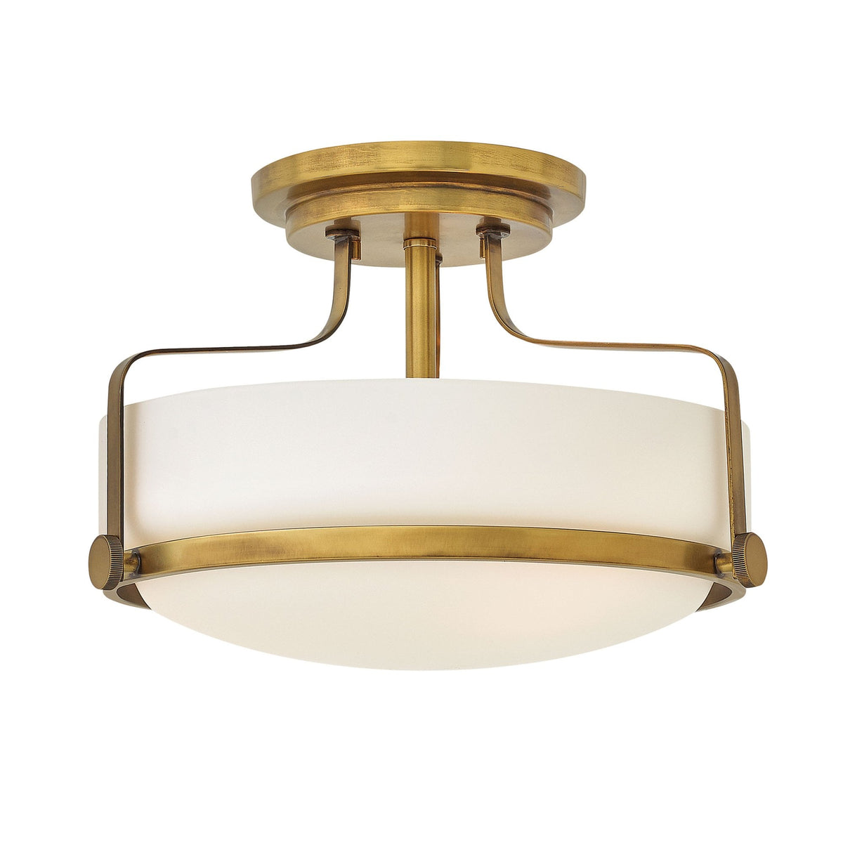 Harper Small Semi Flush Light in Heritage Brass with White Opal Glass Diffuser