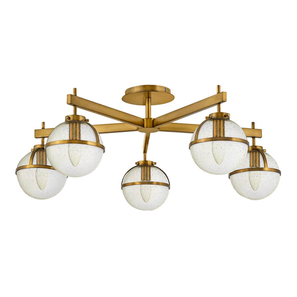 Hollis IP44 Five Arm Ceiling Light in Heritage Brass with Clear Seeded Glass