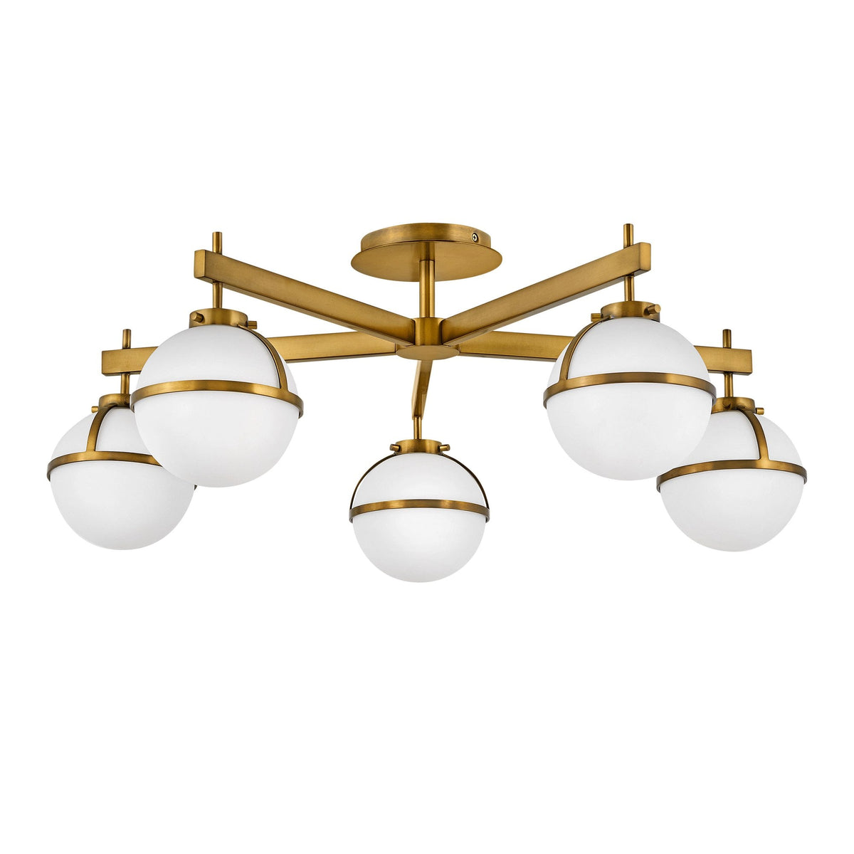 Hollis IP44 Five Arm Ceiling Light in Heritage Brass with Opal Glass