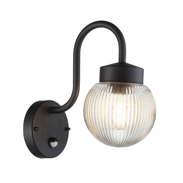 Eldon Outdoor PIR Wall Light In Black With Ribbed Glass Shade