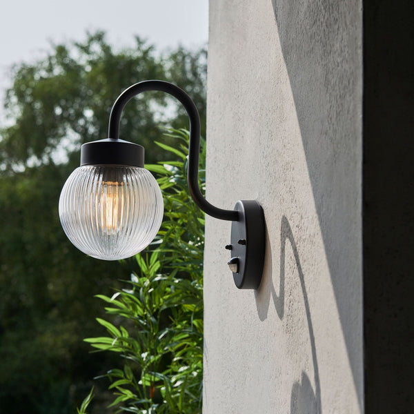 Eldon Outdoor PIR Wall Light In Black With Ribbed Glass Shade