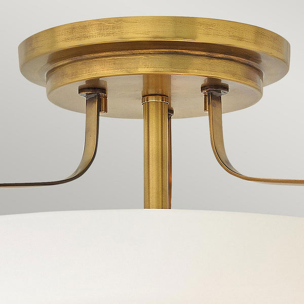 Harper Small Semi Flush Light in Heritage Brass with White Opal Glass Diffuser