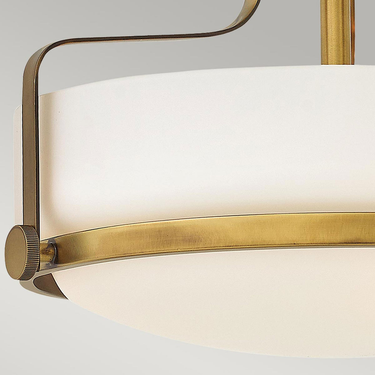 Harper Small Semi Flush Light in Heritage Brass with White Opal Glass Diffuser