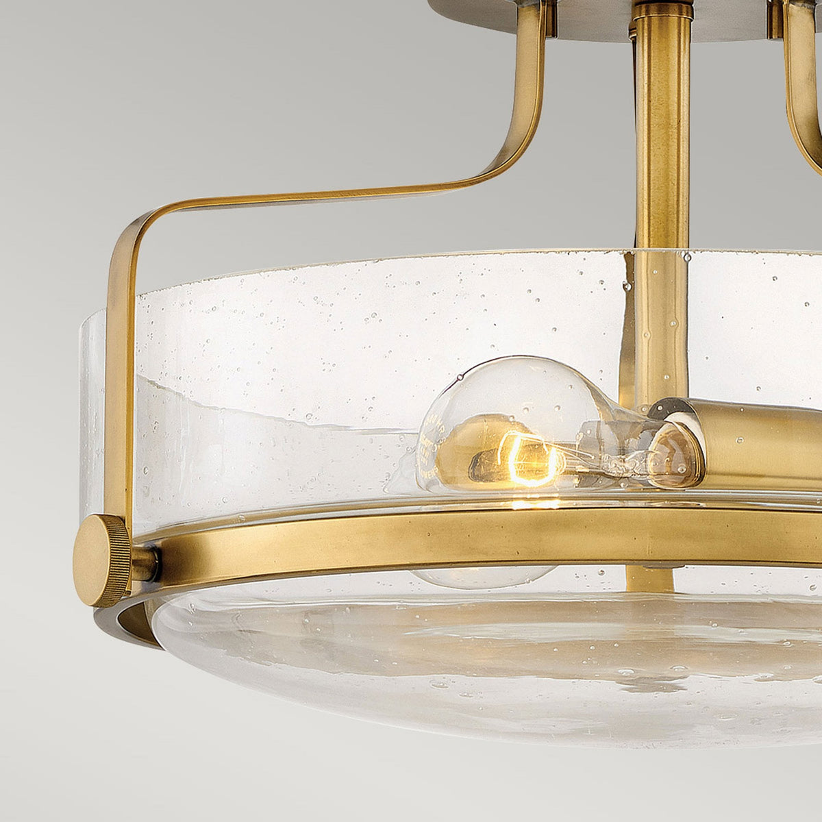 Harper Small Semi Flush Light in Heritage Brass with Clear Seeded Glass Diffuser
