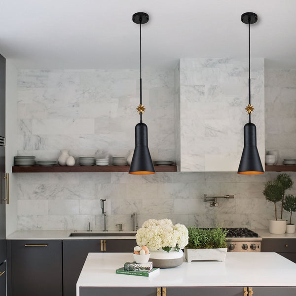 Etoile Medium Pendant in Matte Black and Gold Leaf