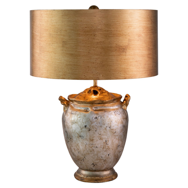 Jackson Table Lamp in Antiqued Silver with Gold Leaf Accents and Distressed Gold Shade