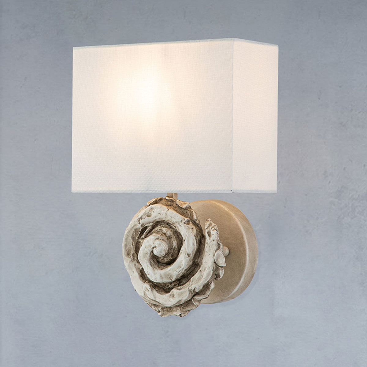 Swirl Large Wall Light in an Antiqued Bone White Finish with Linen Shade