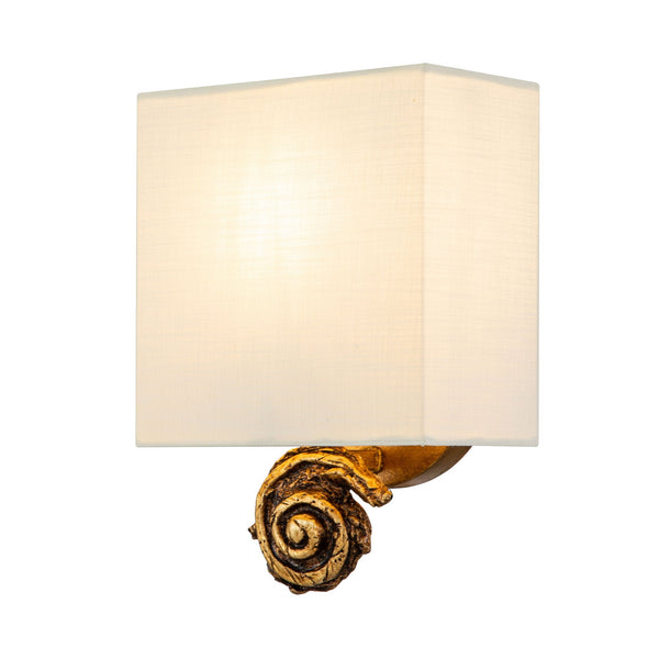Swirl Small Wall Light in an Antiqued Gold Leaf Finish with Linen Shade