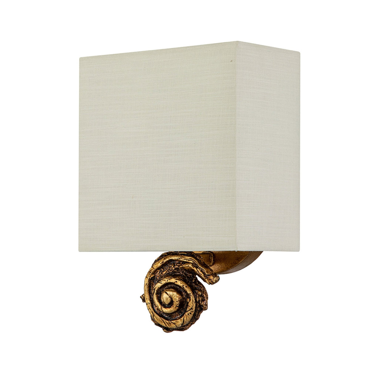Swirl Small Wall Light in an Antiqued Gold Leaf Finish with Linen Shade
