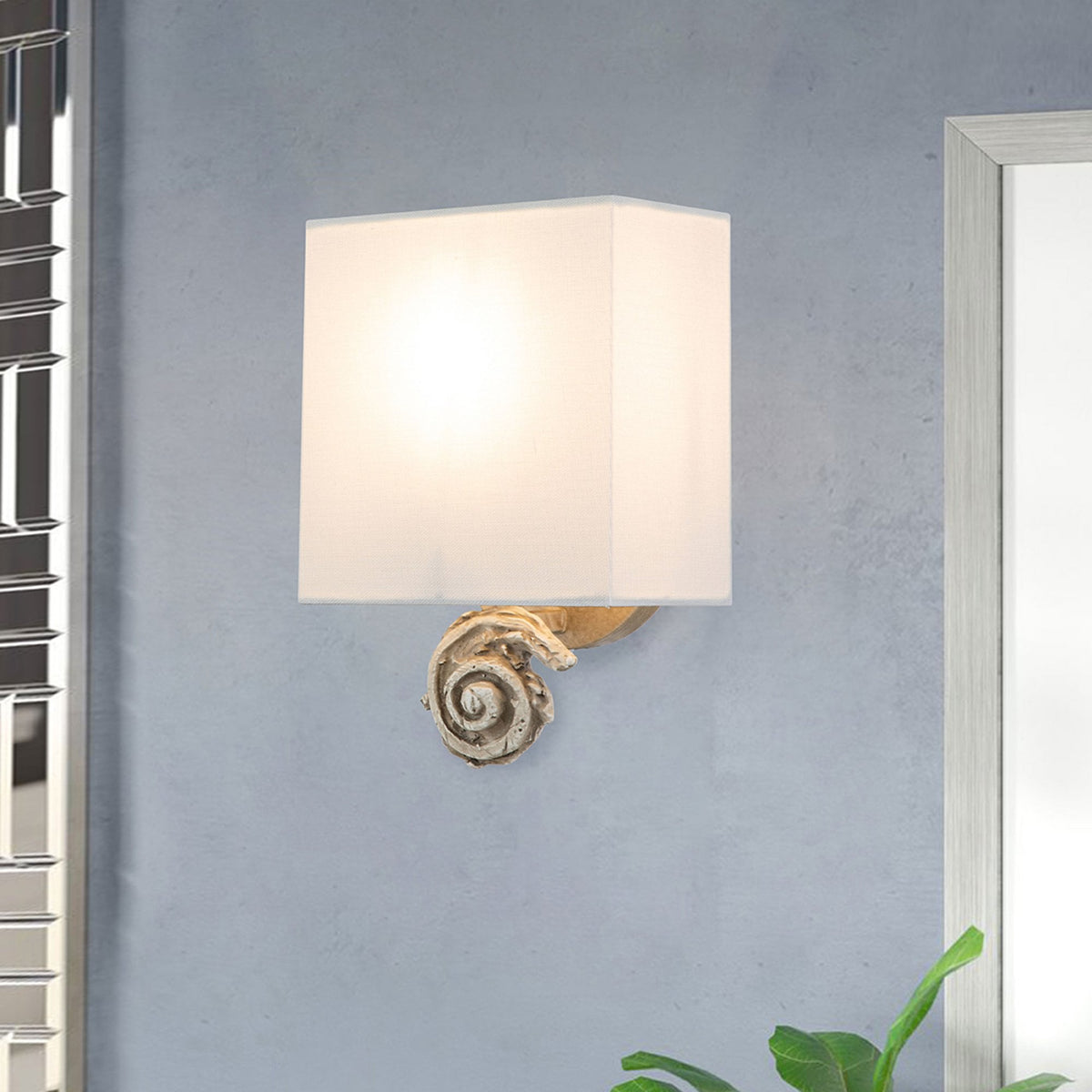 Swirl Small Wall Light in an Antiqued Bone White Finish with Linen Shade