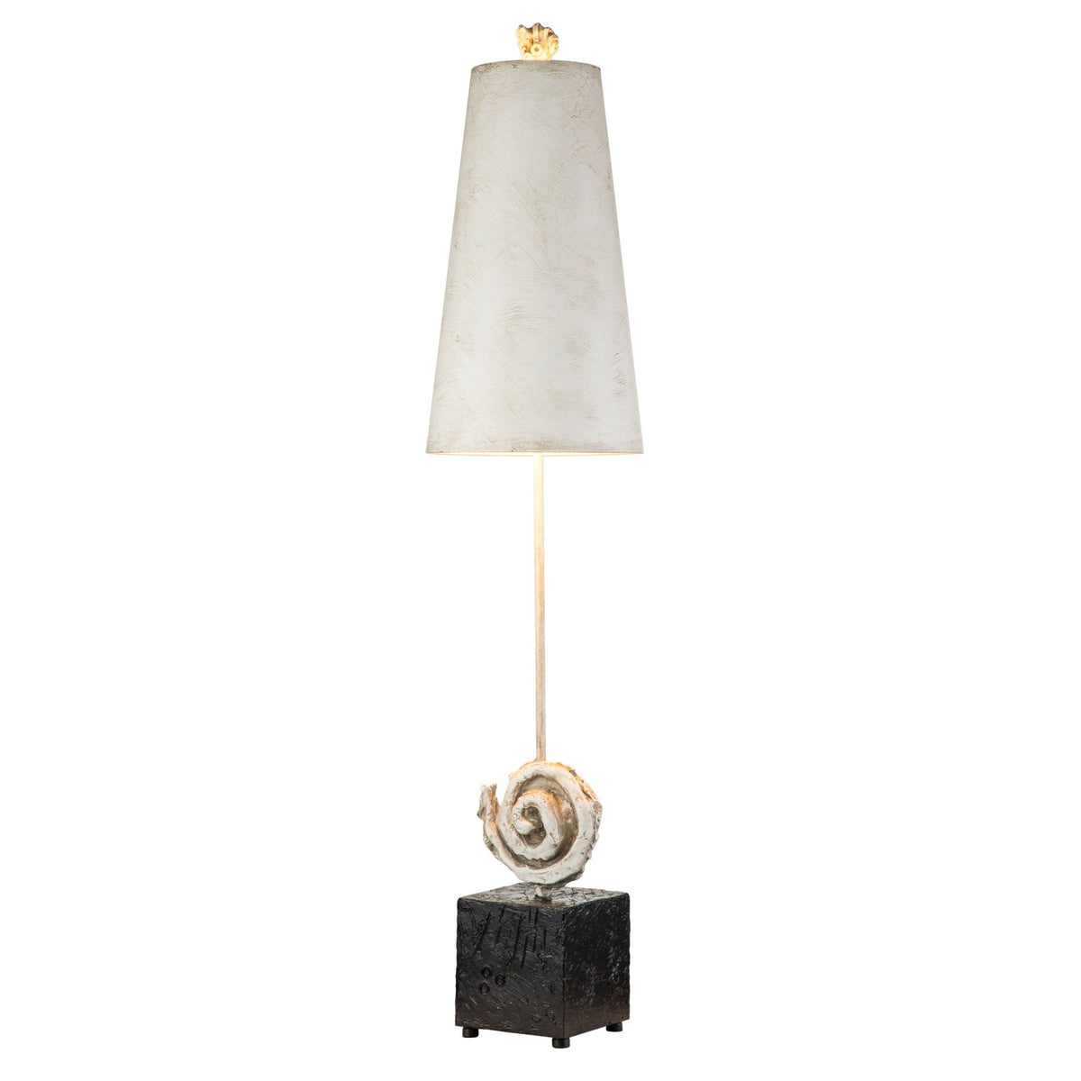 Tall table lamp featuring a tapered white shade and a dark, textured cubic base.