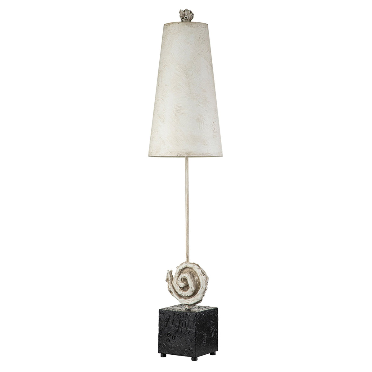 Elegant table lamp with a tall, light-coloured conical shade and a textured black base.