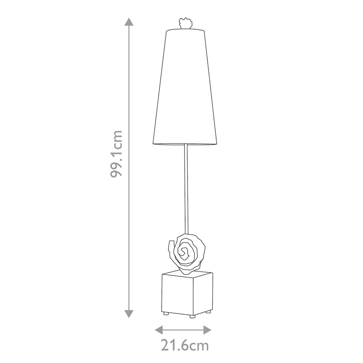 Line drawing of the table lamp with dimensions: 99.1cm height, 21.6cm width.
