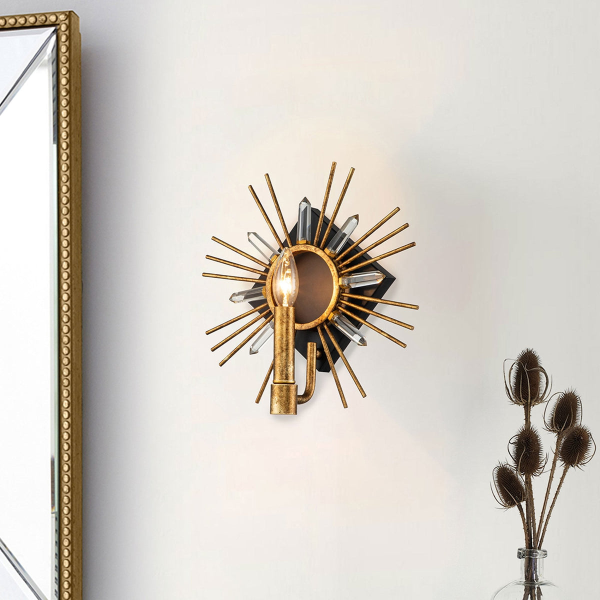 Sun King Wall Light in a Gold Leaf Finish with Cut Glass Crystals
