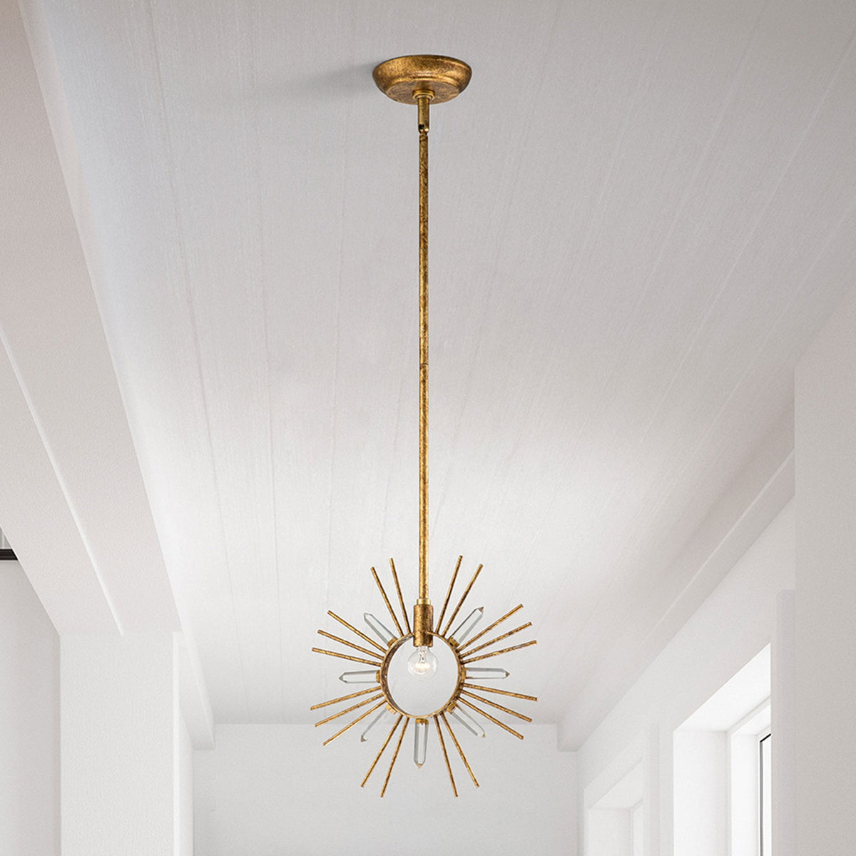 Sun King Single Pendant in a Gold Leaf Finish with Cut Glass Crystals