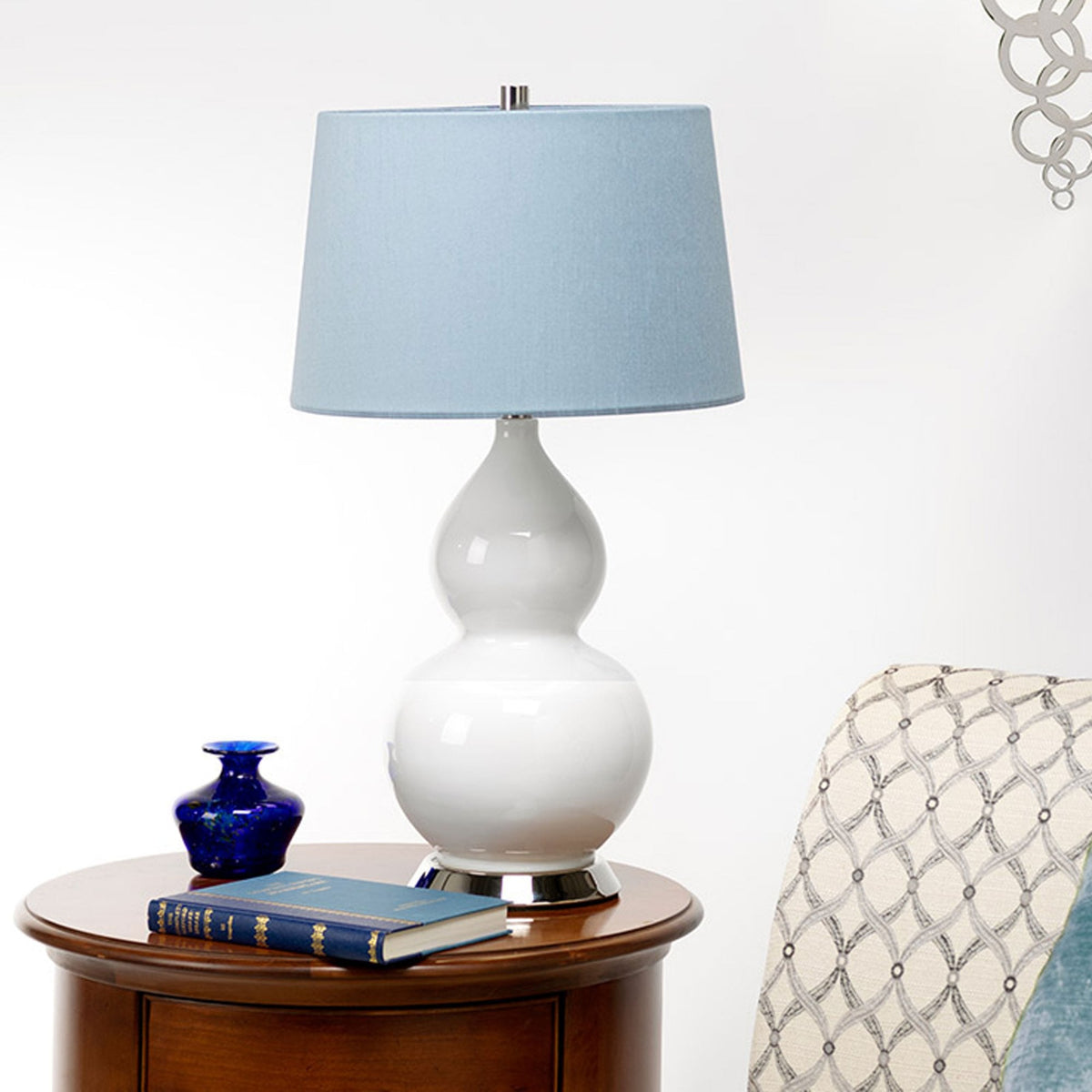 Isla Table Lamp in White with Polished Nickel Metalwork and Liberty Blue Shade