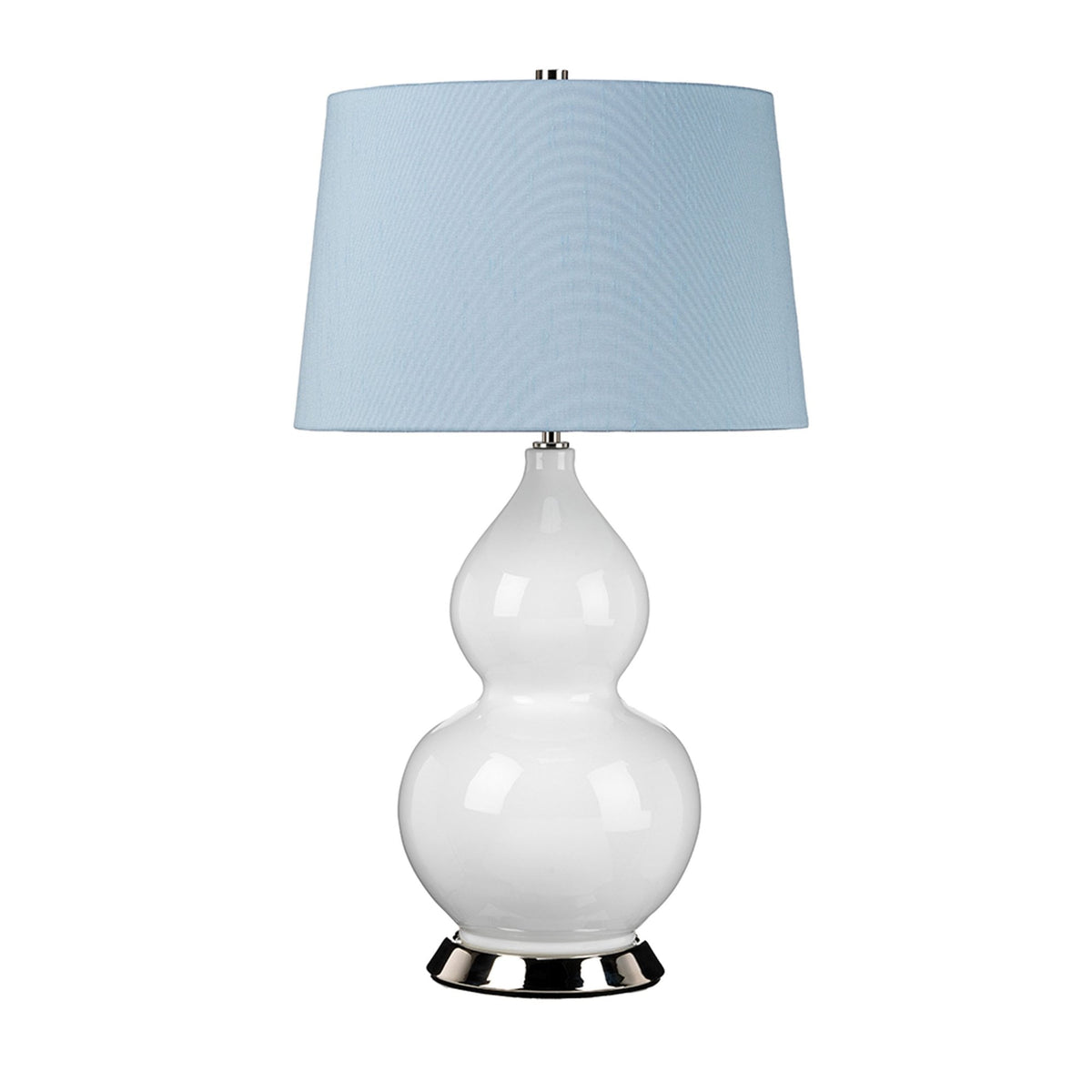 Isla Table Lamp in White with Polished Nickel Metalwork and Liberty Blue Shade