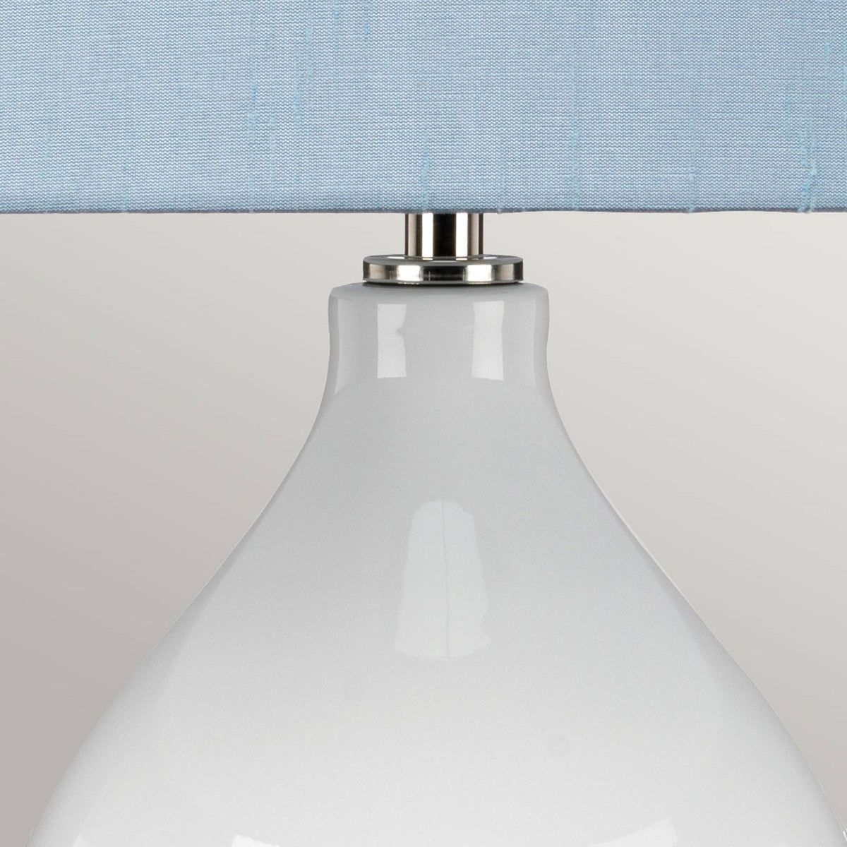 Isla Table Lamp in White with Polished Nickel Metalwork and Liberty Blue Shade