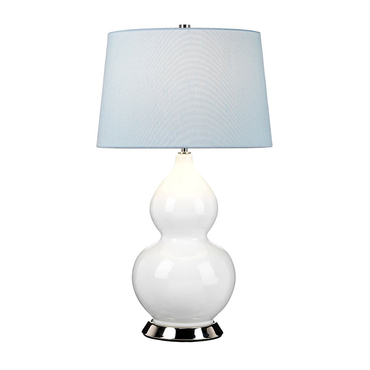 Isla Table Lamp in White with Polished Nickel Metalwork and Liberty Blue Shade