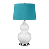 Isla Table Lamp in White with Polished Nickel Metalwork and Mallard Teal Shade