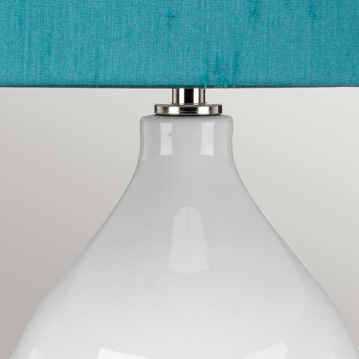 Isla Table Lamp in White with Polished Nickel Metalwork and Mallard Teal Shade