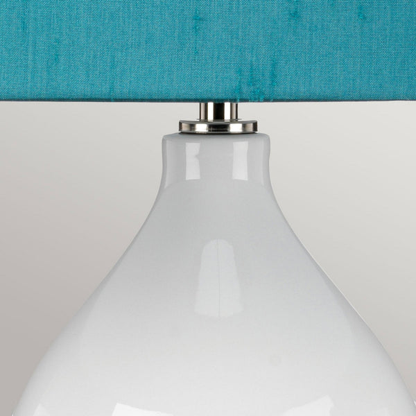 Isla Table Lamp in White with Polished Nickel Metalwork and Mallard Teal Shade