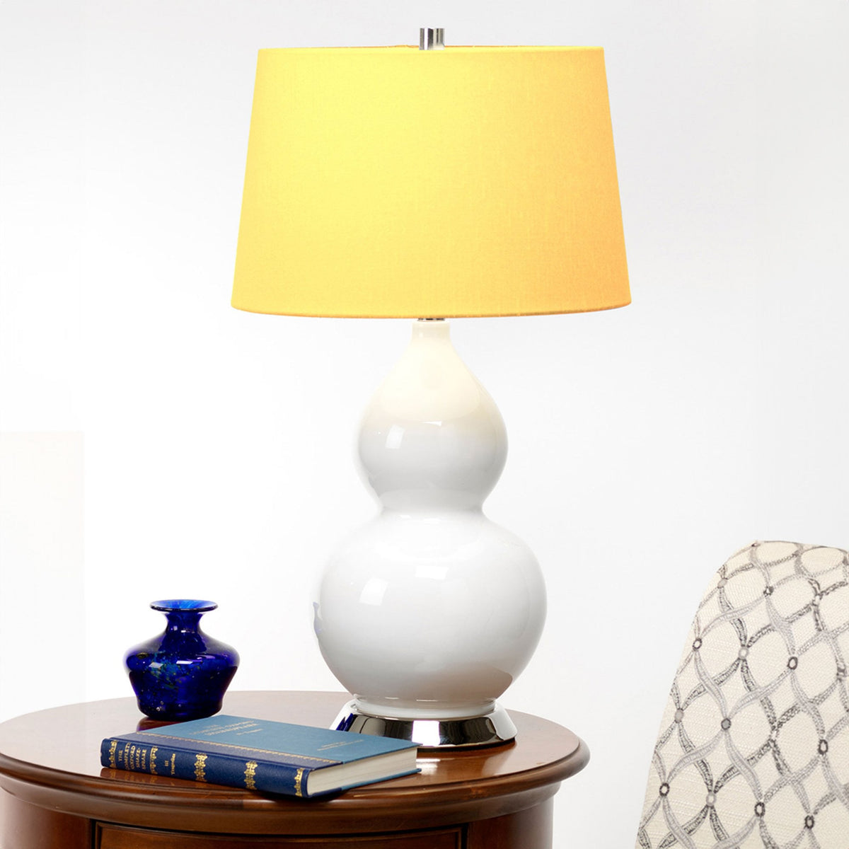 Isla Table Lamp in White with Polished Nickel Metalwork and Celandine Yellow Shade