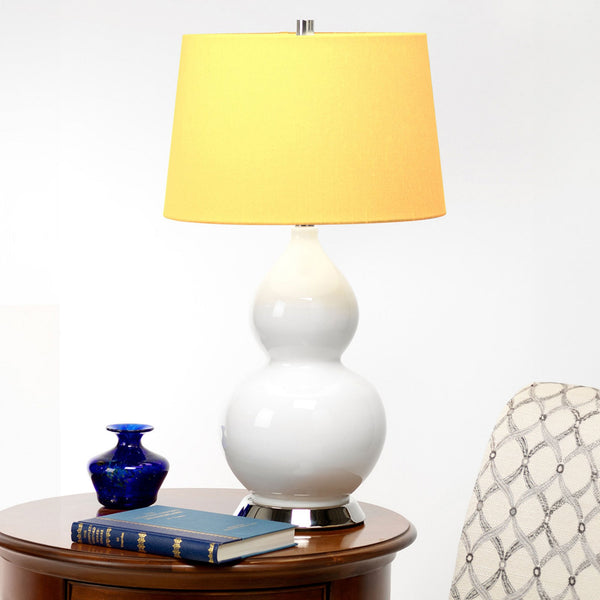 Isla Table Lamp in White with Polished Nickel Metalwork and Celandine Yellow Shade