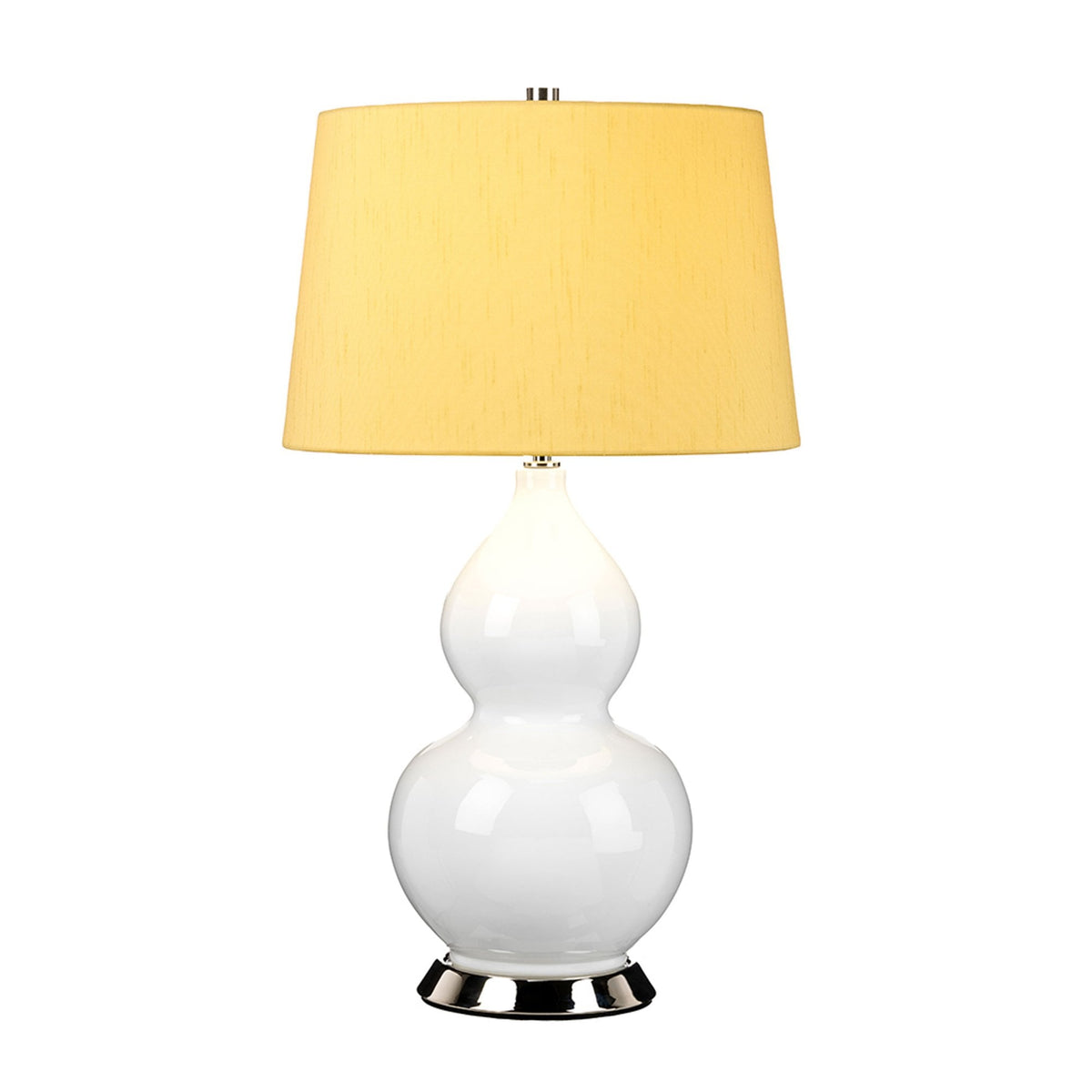 Isla Table Lamp in White with Polished Nickel Metalwork and Celandine Yellow Shade