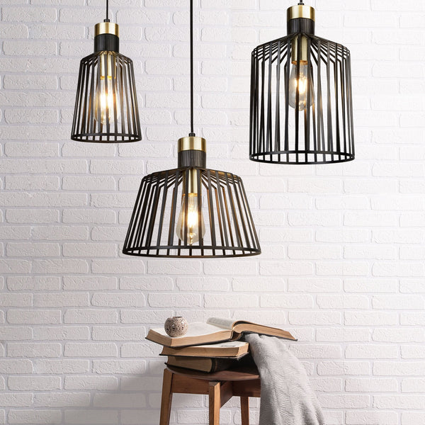 Large Bird Cage Pendant In Black & Satin Brass