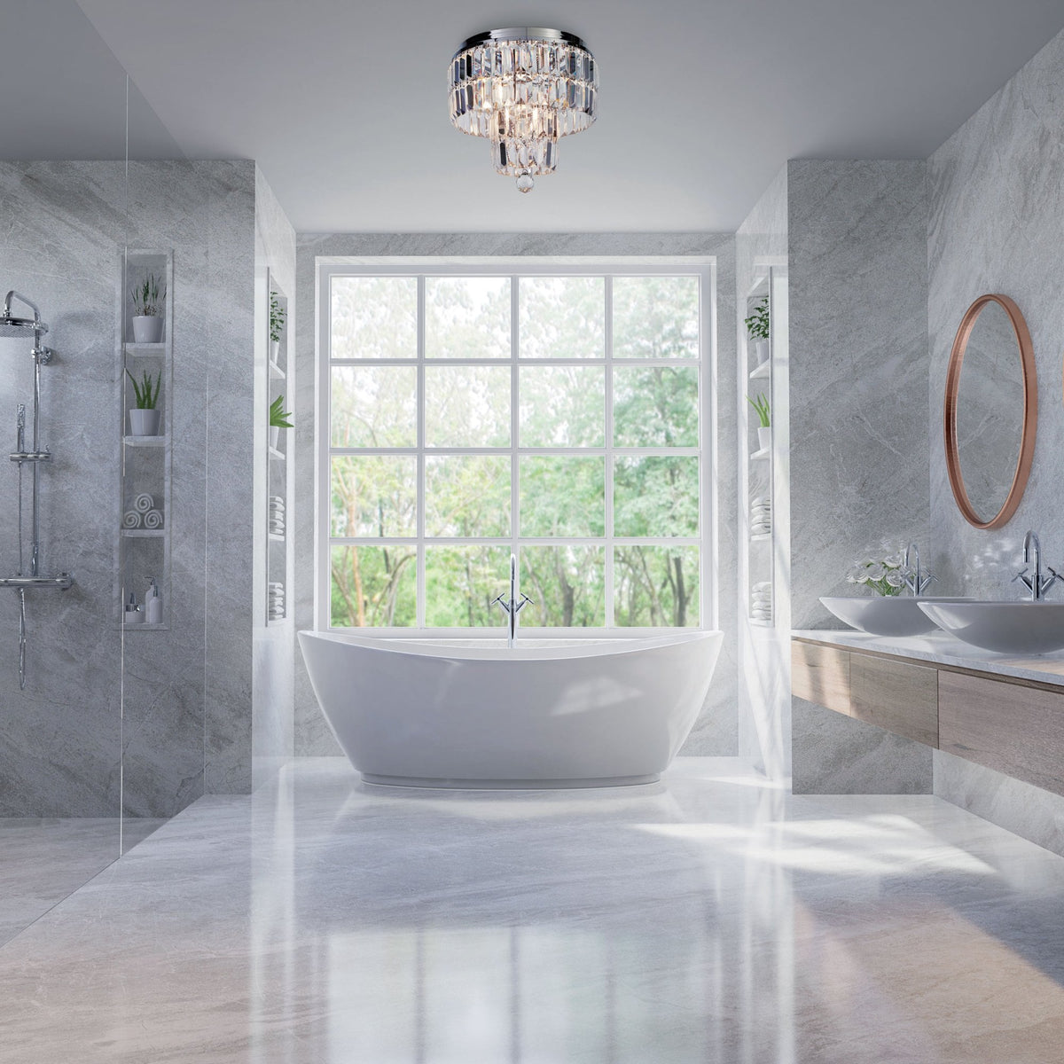 Empire IP44 4 Light Semi Flush Bathroom Ceiling Light In Polished Chrome & Crystal