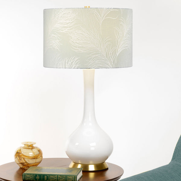 Milo Table Lamp with Aged Brass Metalwork and Feather Duck Egg Blue Pattern Shade
