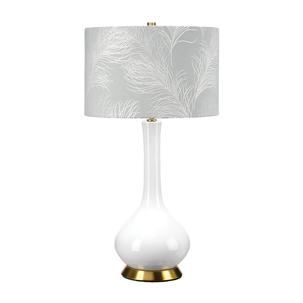 Milo Table Lamp with Aged Brass Metalwork and Feather Duck Egg Blue Pattern Shade
