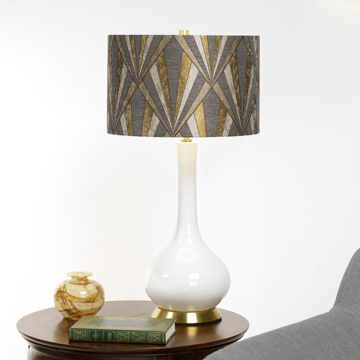 Milo Table Lamp with Aged Brass Metalwork and Vogue Brass Pattern Shade