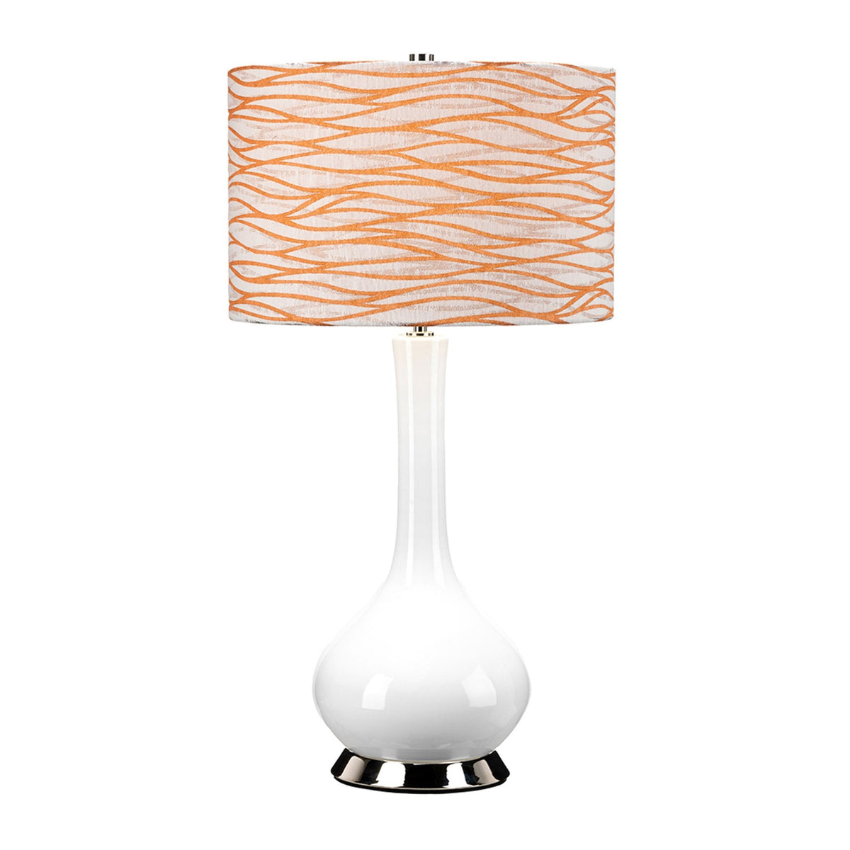 Milo Table Lamp with Polished Nickel Metalwork and Linear Orange Pattern Shade