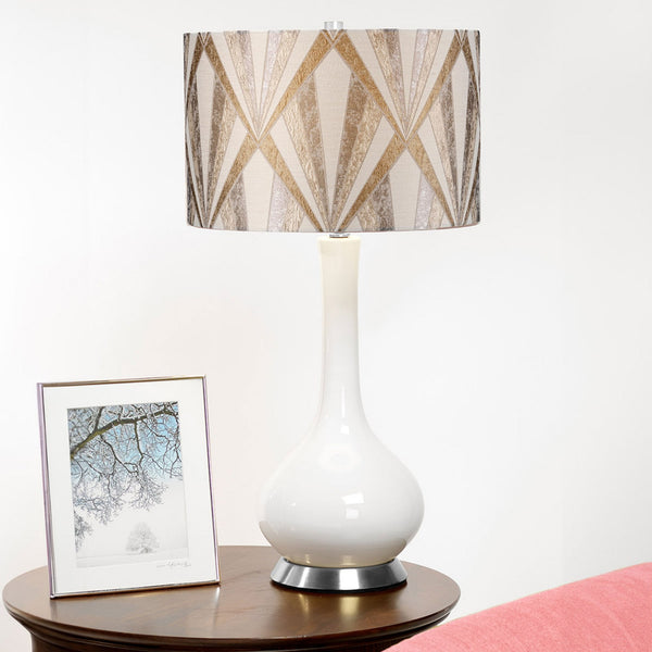 Milo Table Lamp with Polished Nickel Metalwork and Vogue Satin Chrome Pattern Shade
