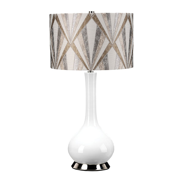 Milo Table Lamp with Polished Nickel Metalwork and Vogue Satin Chrome Pattern Shade