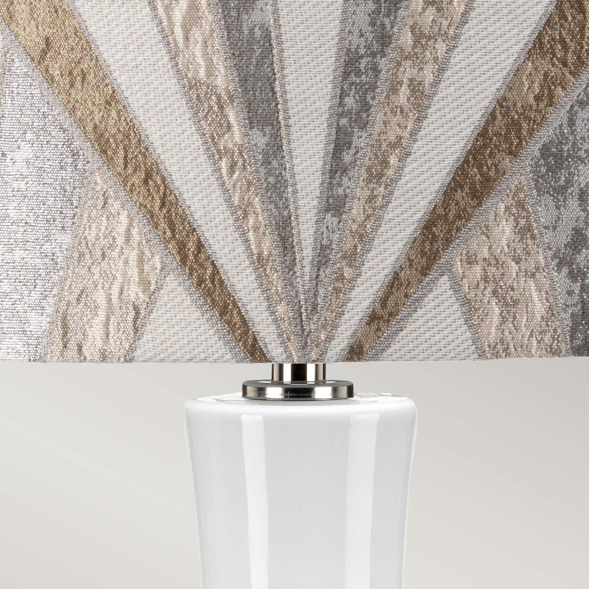 Milo Table Lamp with Polished Nickel Metalwork and Vogue Satin Chrome Pattern Shade