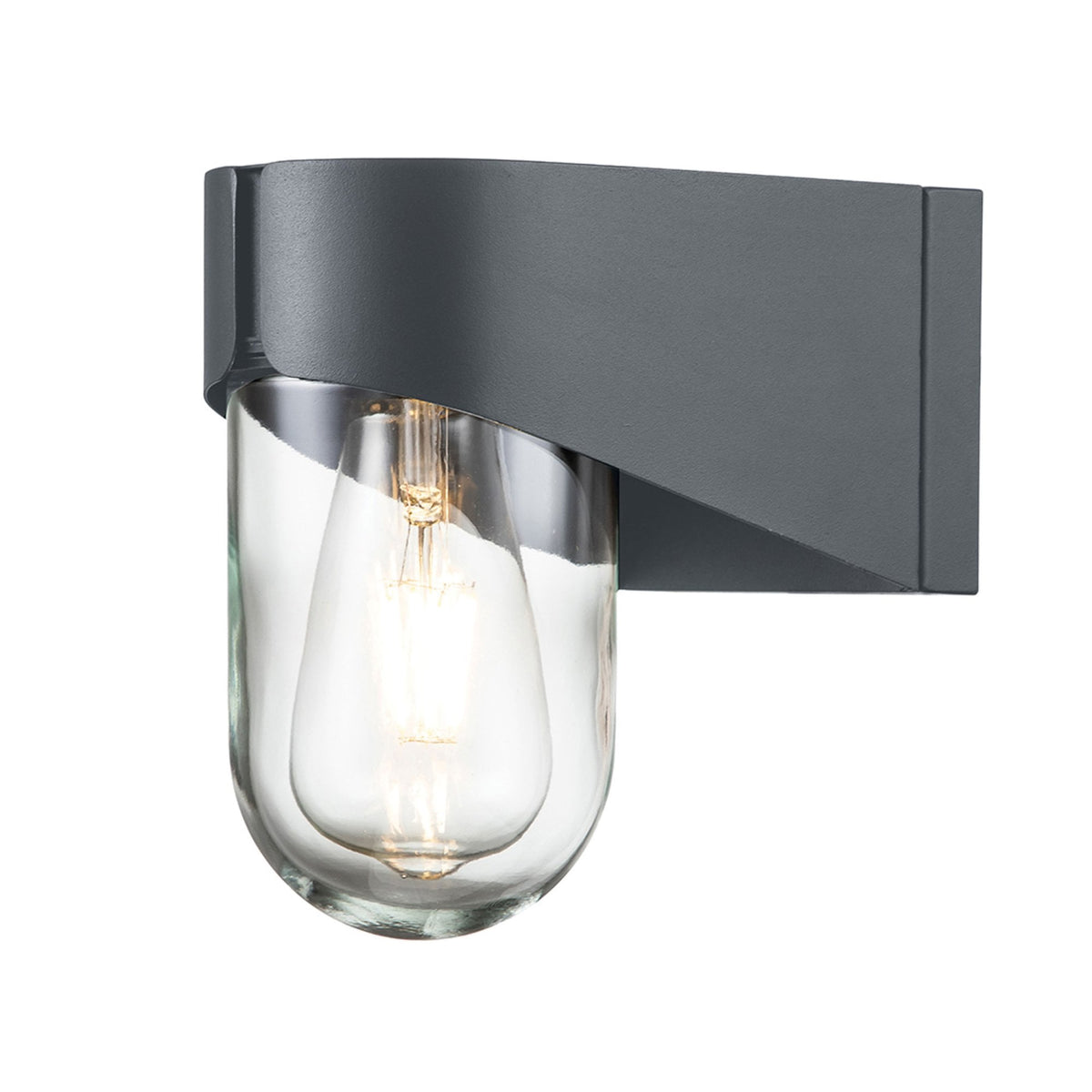 An E27 LED filament bulb inside a modern curved grey wall light with a clear glass shade.