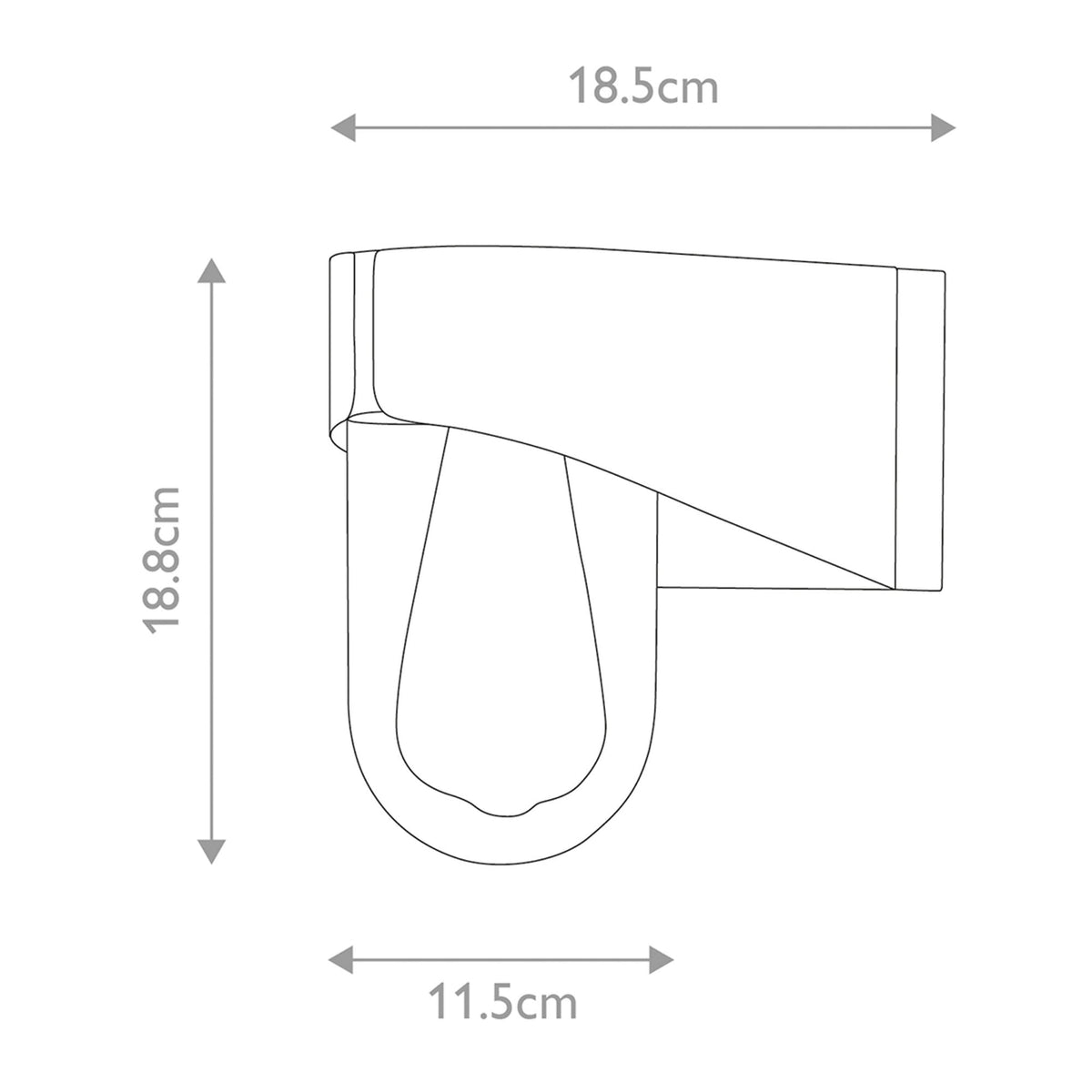 A line drawing of the wall light with dimensions of 18.5cm, 18.8cm and 11.5cm.