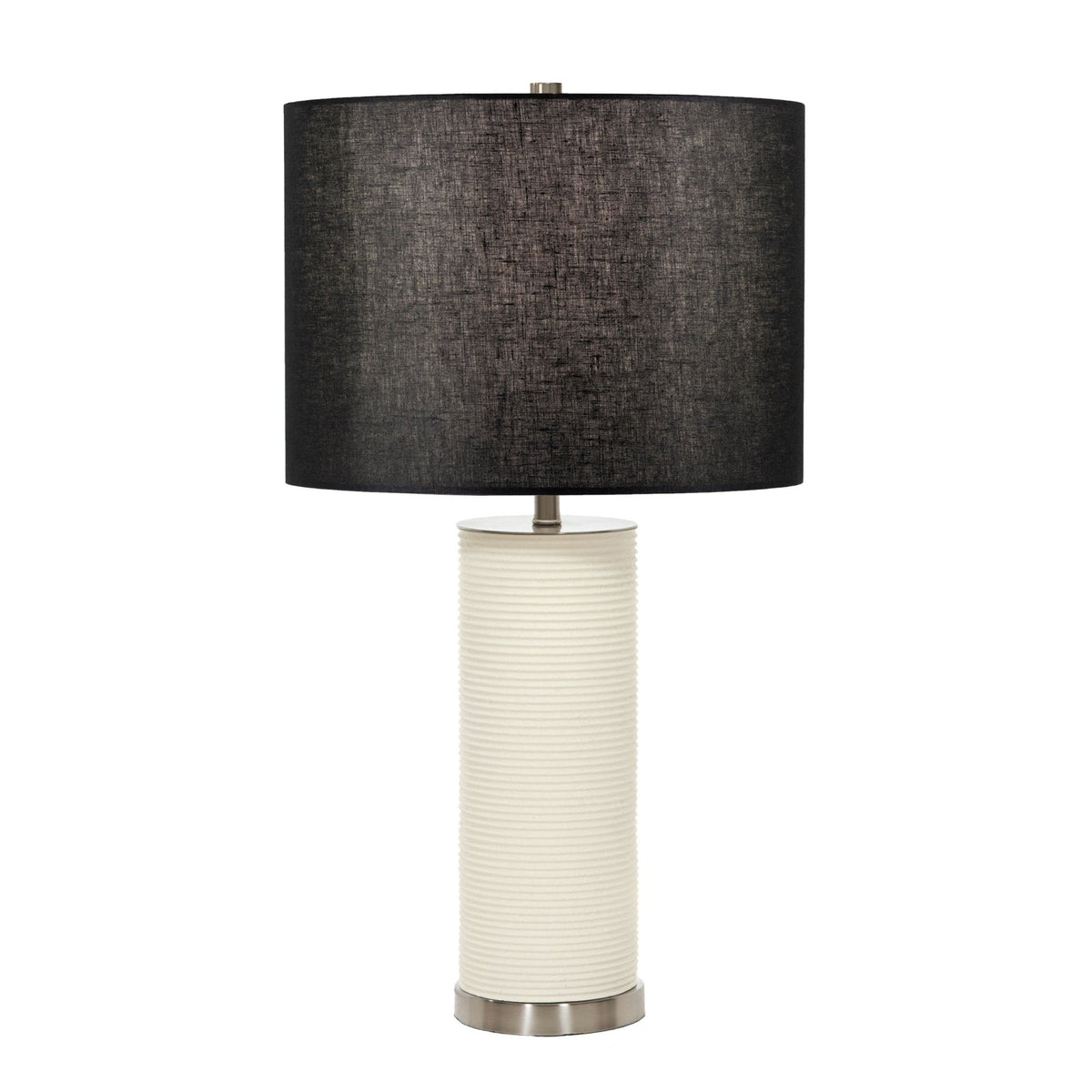 Ripple Table Lamp in White with a Black Faux Linen Hard-Backed Shade